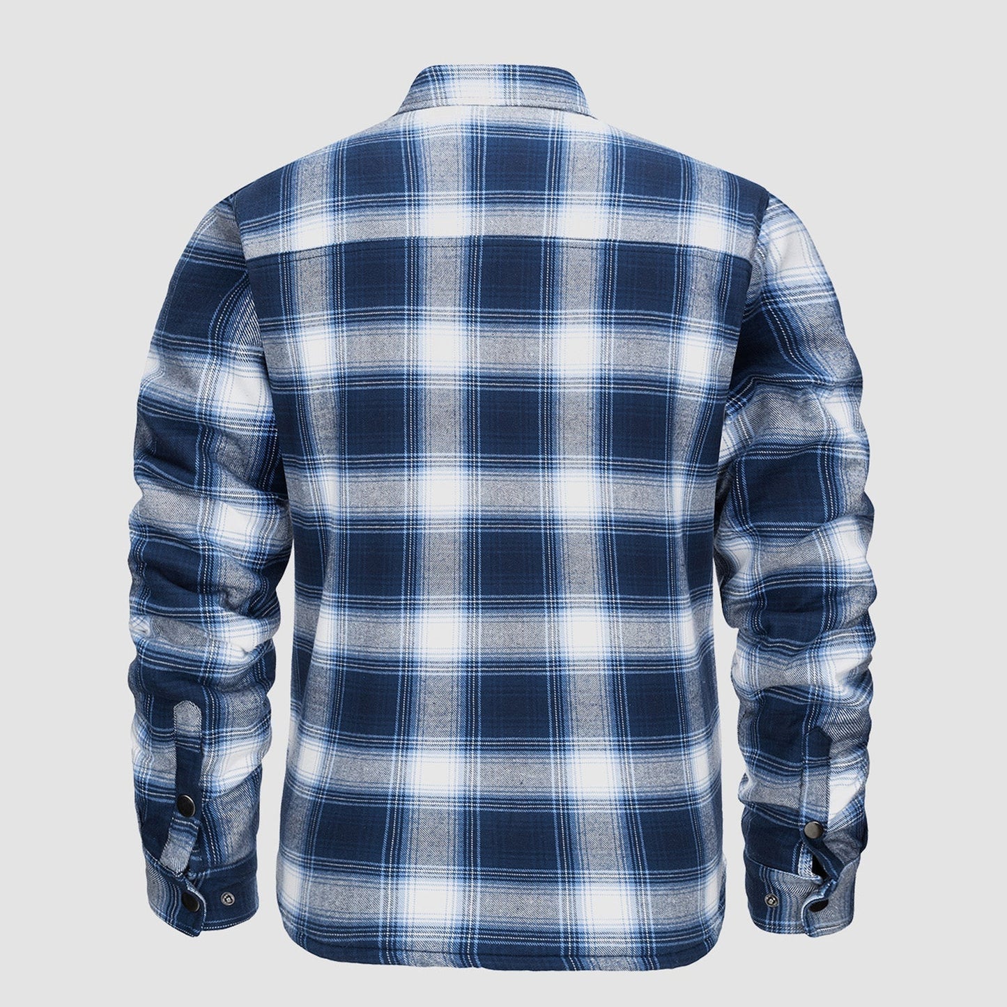 Blau-weiß kariertes Herrenhemd, Langarm, Rückansicht. Modisches Flanellhemd für Herbst und Winter, ideal für lässige Outfits.