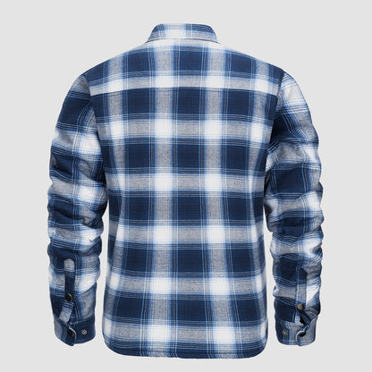 Blau-weiß kariertes Herrenhemd, Langarm, Rückansicht. Modisches Flanellhemd für Herbst und Winter, ideal für lässige Outfits.