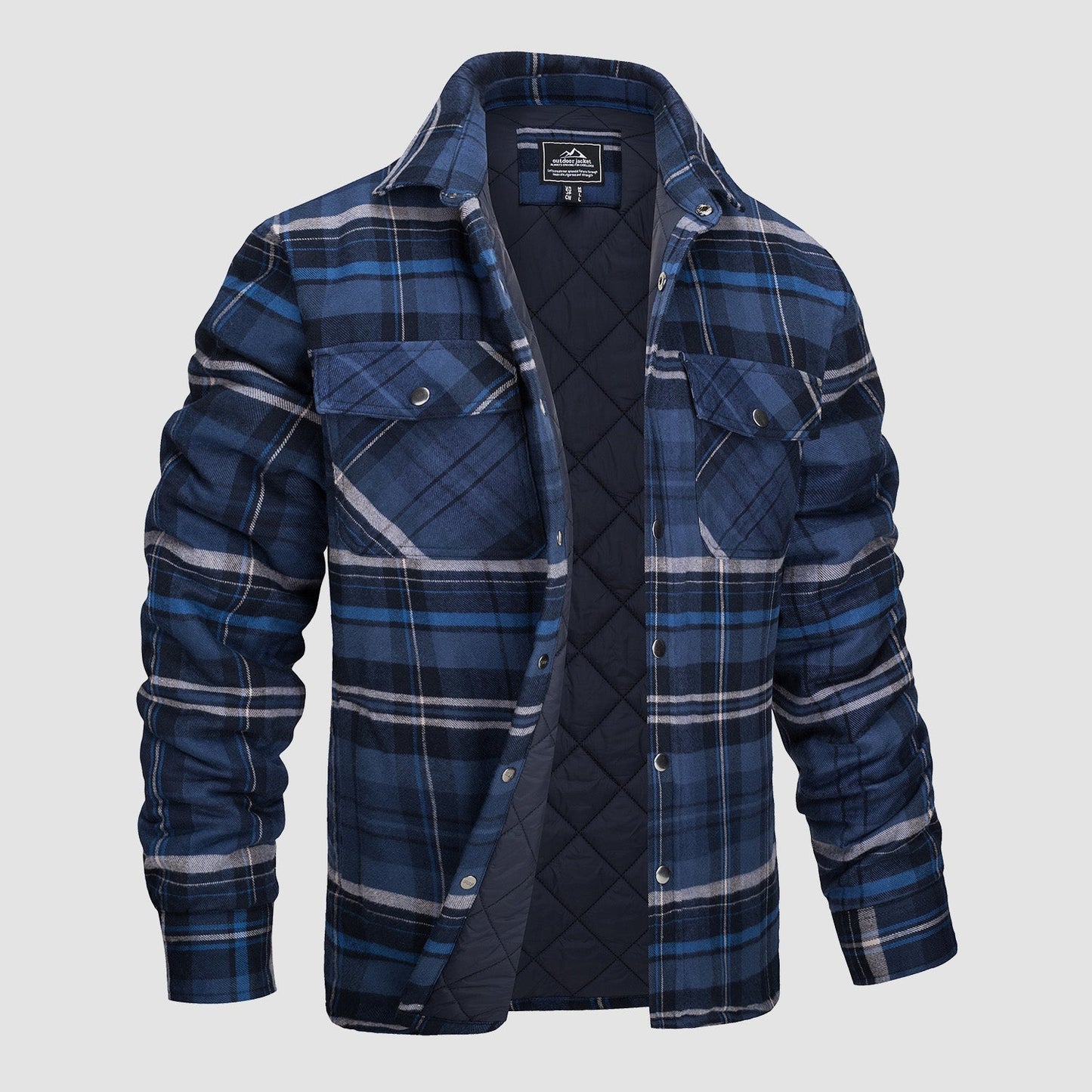 Blau kariertes Herrenhemd mit langen Ärmeln, zwei Brusttaschen und gestepptem Innenfutter. Perfekt für Herbstmode und Outdoor-Aktivitäten.