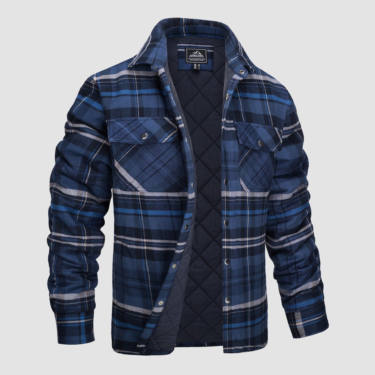Blau kariertes Herrenhemd mit langen Ärmeln, zwei Brusttaschen und gestepptem Innenfutter. Perfekt für Herbstmode und Outdoor-Aktivitäten.