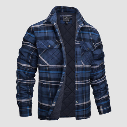 Blau kariertes Herrenhemd mit langen Ärmeln, zwei Brusttaschen und gestepptem Innenfutter. Perfekt für Herbstmode und Outdoor-Aktivitäten.