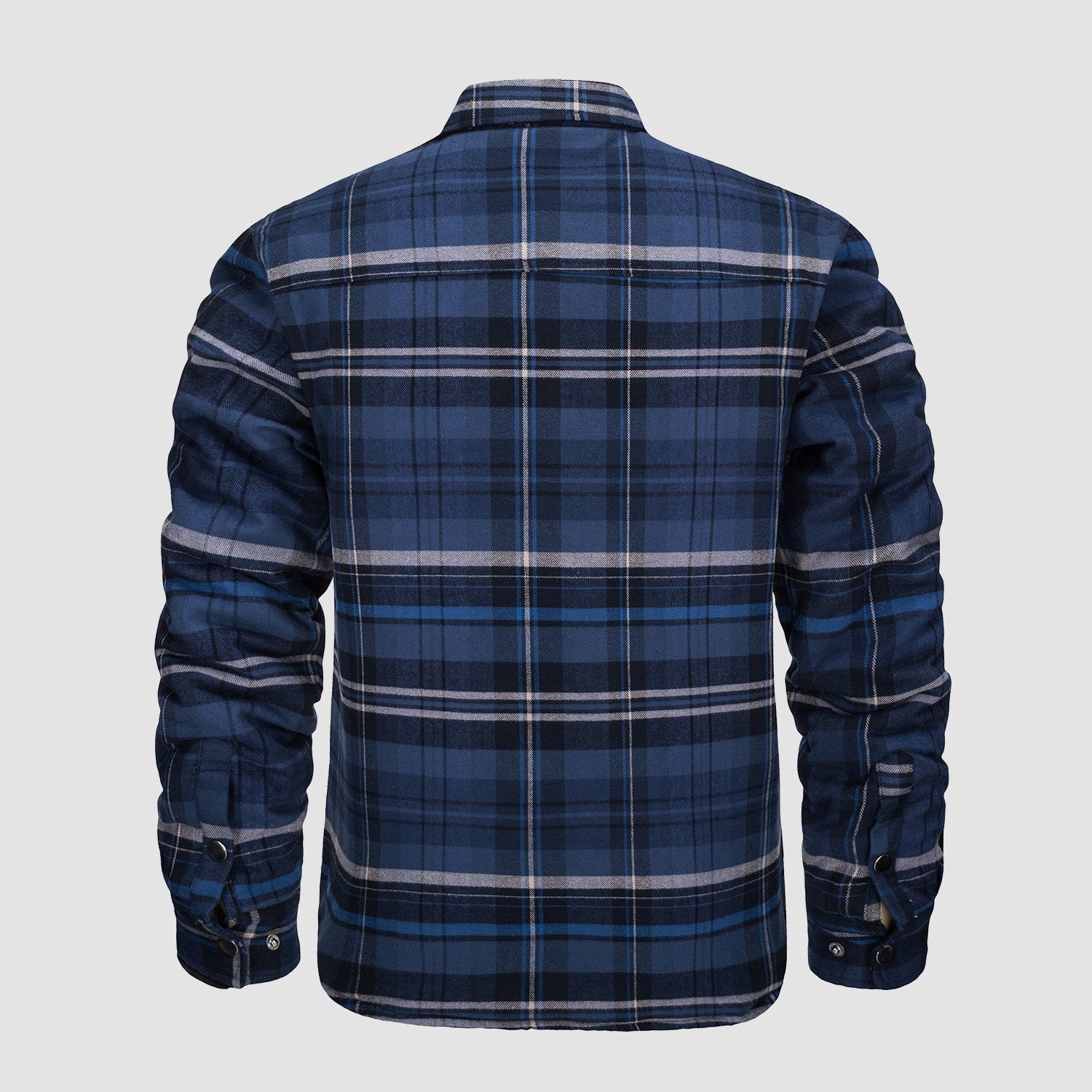 Blau kariertes Herrenhemd aus Flanell, Rückansicht. Langarm, klassisches Design, ideal für Herbstmode und lässige Outfits.