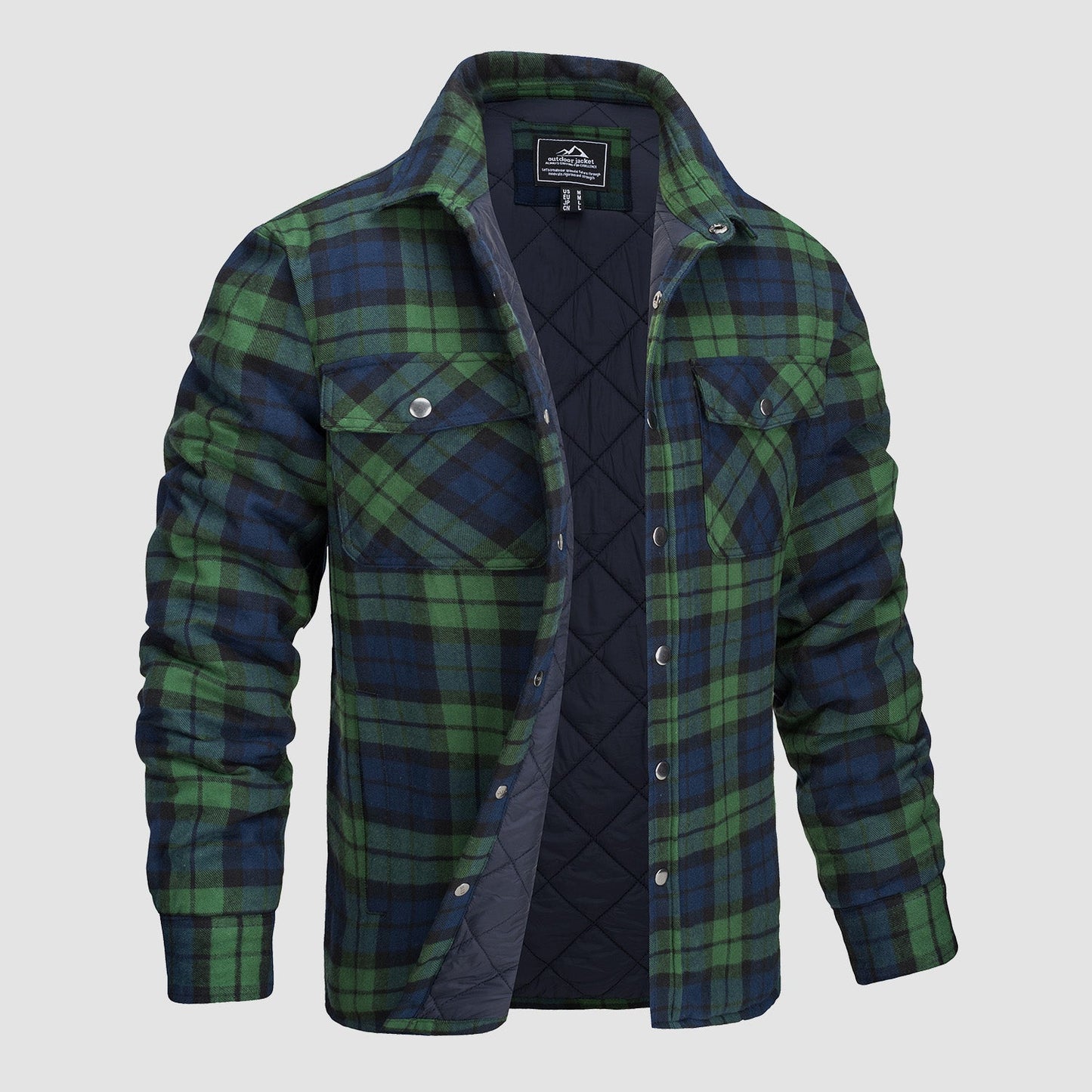 Grün-blau karierte Herrenjacke mit gestepptem Innenfutter, zwei Brusttaschen und Druckknöpfen. Ideal für Outdoor-Aktivitäten und Herbstmode.