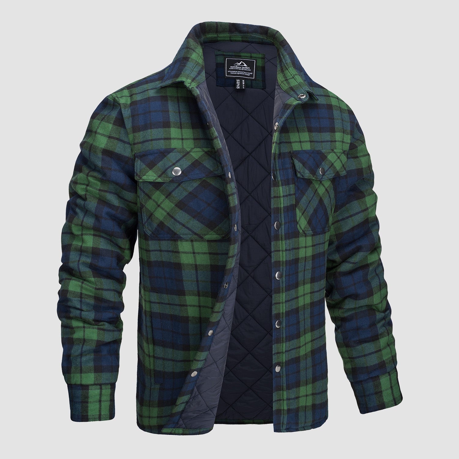 Grün-blau karierte Herrenjacke mit gestepptem Innenfutter, zwei Brusttaschen und Druckknöpfen. Ideal für Outdoor-Aktivitäten und Herbstmode.
