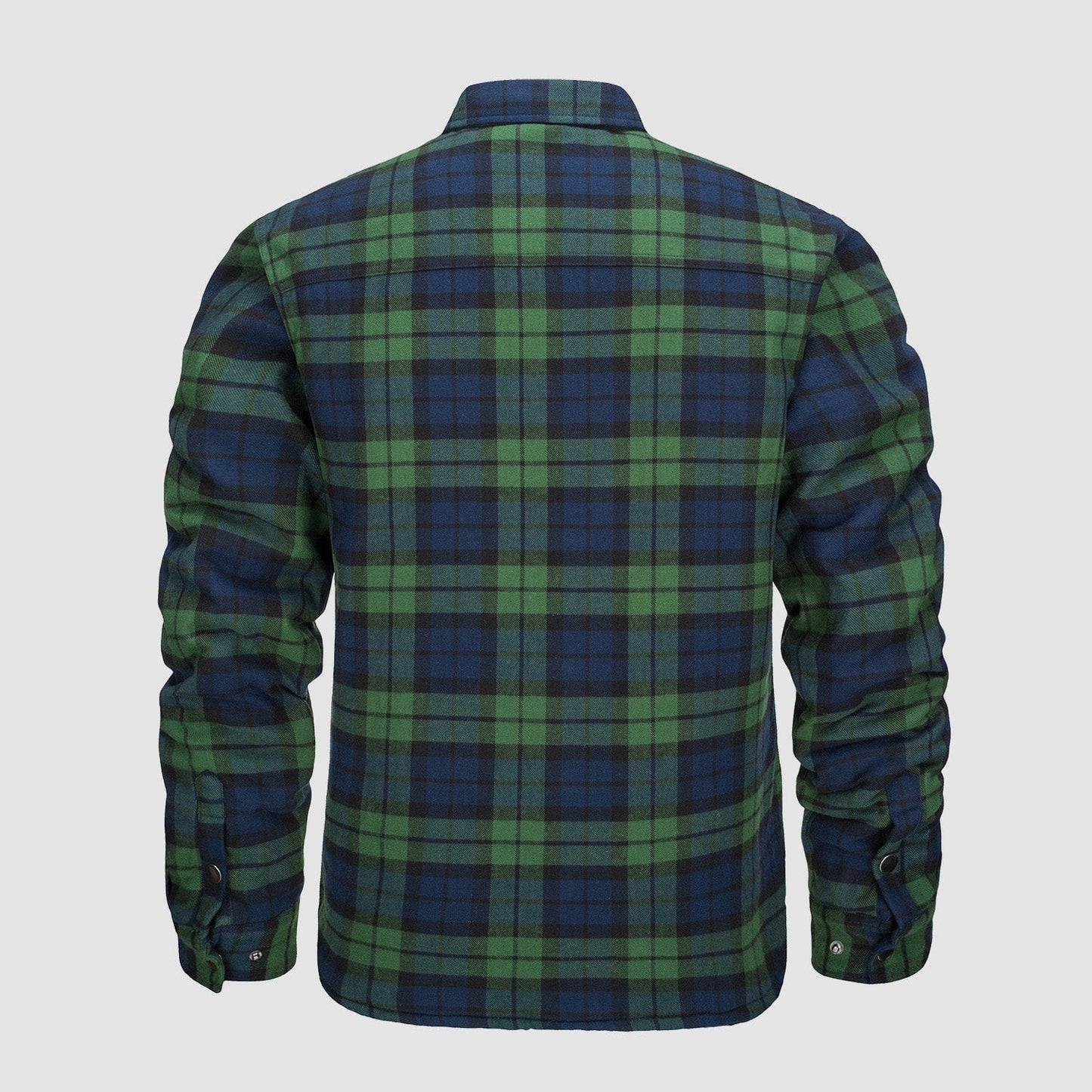 Grün-blau kariertes Flanellhemd, Rückansicht. Langarm, klassischer Kragen, weiches Material. Perfekt für Herbstmode und lässige Outfits.