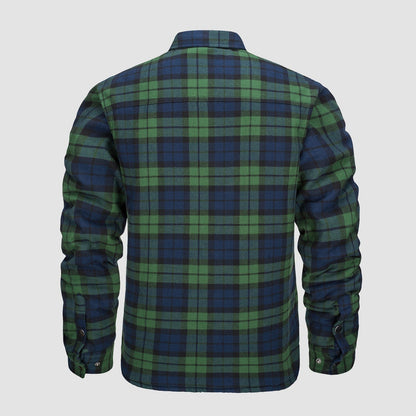 Grün-blau kariertes Flanellhemd, Rückansicht. Langarm, klassischer Kragen, weiches Material. Perfekt für Herbstmode und lässige Outfits.