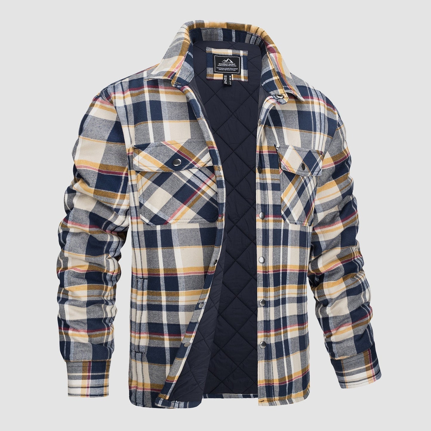 Kariertes Herrenhemd mit blau-gelbem Muster, gefüttert, zwei Brusttaschen, Langarm, ideal für Herbstmode und Outdoor-Aktivitäten.