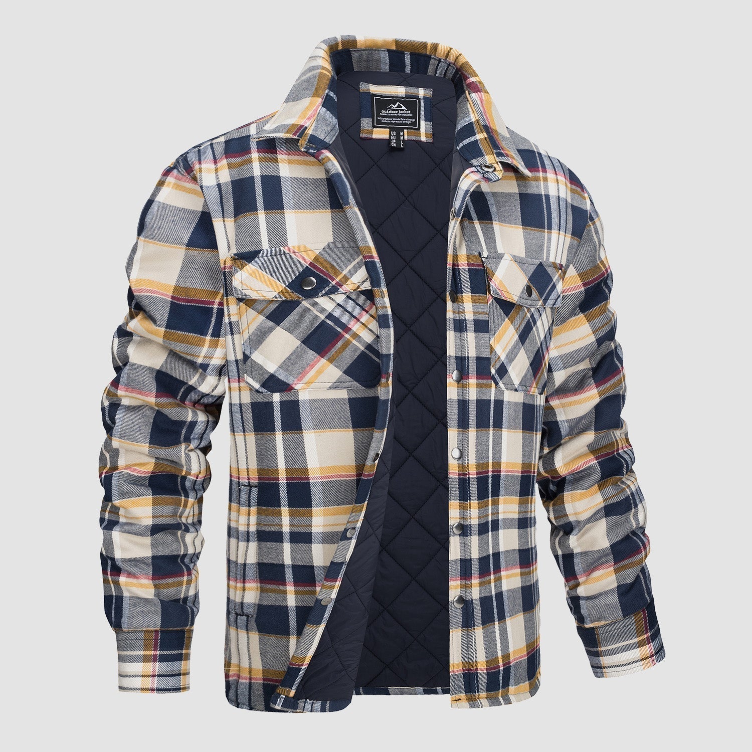 Kariertes Herrenhemd mit blau-gelbem Muster, gefüttert, zwei Brusttaschen, Langarm, ideal für Herbstmode und Outdoor-Aktivitäten.