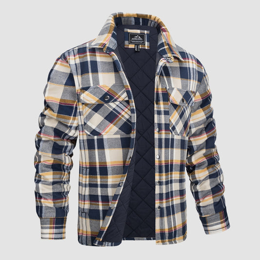 Kariertes Herrenhemd mit blau-gelbem Muster, gefüttert, zwei Brusttaschen, Langarm, ideal für Herbstmode und Outdoor-Aktivitäten.