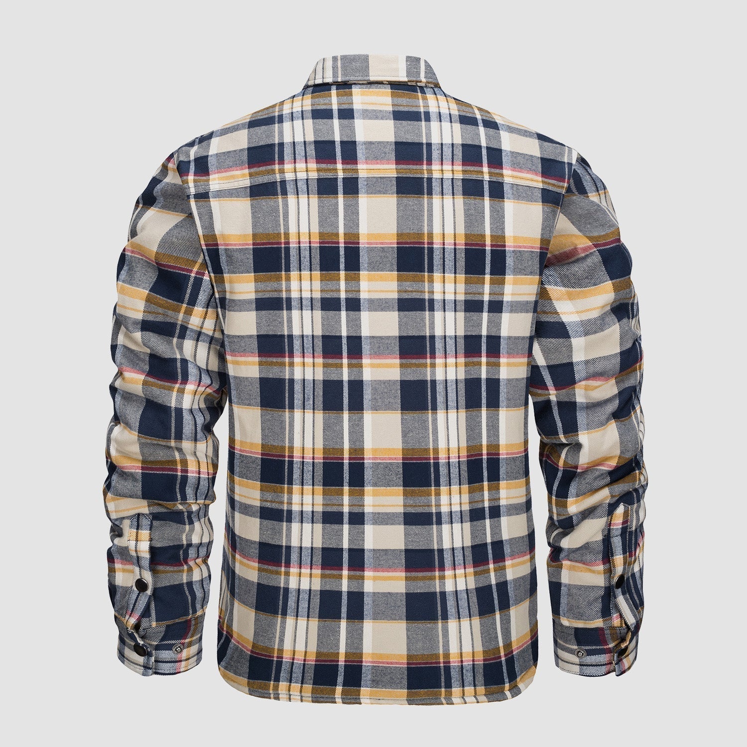 Kariertes Herrenhemd in Blau, Gelb und Weiß, Rückansicht. Langarm, klassisches Design, ideal für Freizeitmode und Herbsttrends.