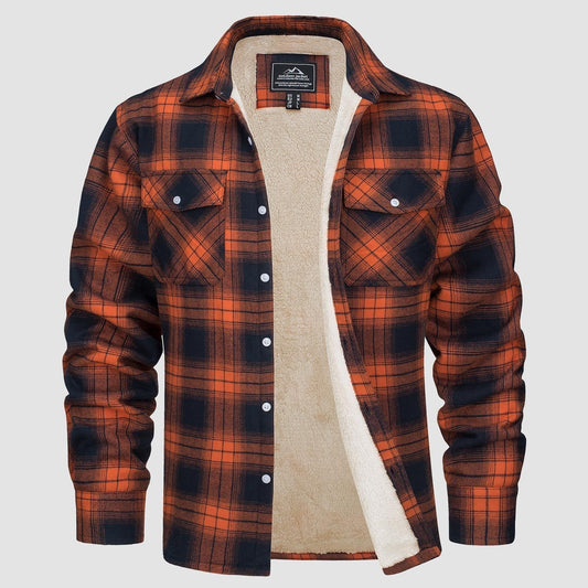 Orange-schwarzes kariertes Flanellhemd mit Fleece-Futter, Langarm, Knopfleiste, zwei Brusttaschen. Ideal für Herbstmode und Outdoor-Aktivitäten.
