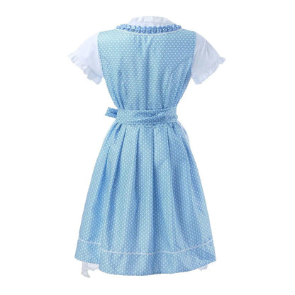 Blaues Dirndl mit weißem Blusenoberteil, Rückansicht. Traditionelle Trachtenmode, ideal für Oktoberfest und bayerische Feste.