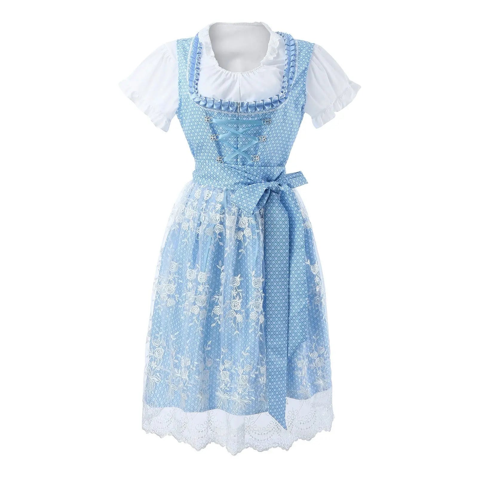 Blaues Dirndl mit weißer Bluse, traditionelles bayerisches Trachtenkleid, verziert mit Blumenmuster und Spitzen, ideal für Oktoberfest.