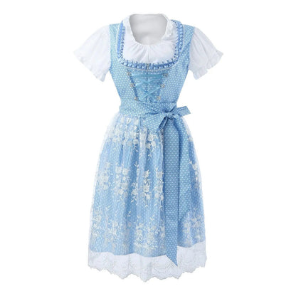 Blaues Dirndl mit weißer Bluse, traditionelles bayerisches Trachtenkleid, verziert mit Blumenmuster und Spitzen, ideal für Oktoberfest.