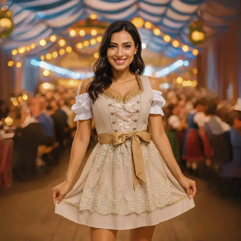 Frau in traditionellem Dirndl auf Oktoberfest, lächelnd vor festlich beleuchtetem Festzelt. Bayerische Tracht, Volksfest, deutsche Kultur.