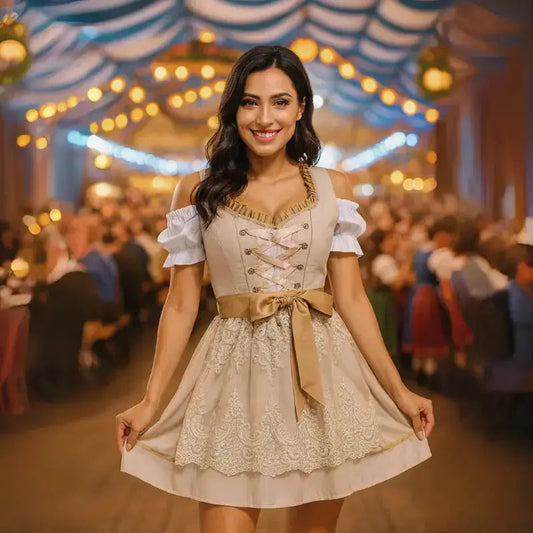 Frau in traditionellem Dirndl auf Oktoberfest, lächelnd vor festlich beleuchtetem Festzelt. Bayerische Tracht, Volksfest, deutsche Kultur.
