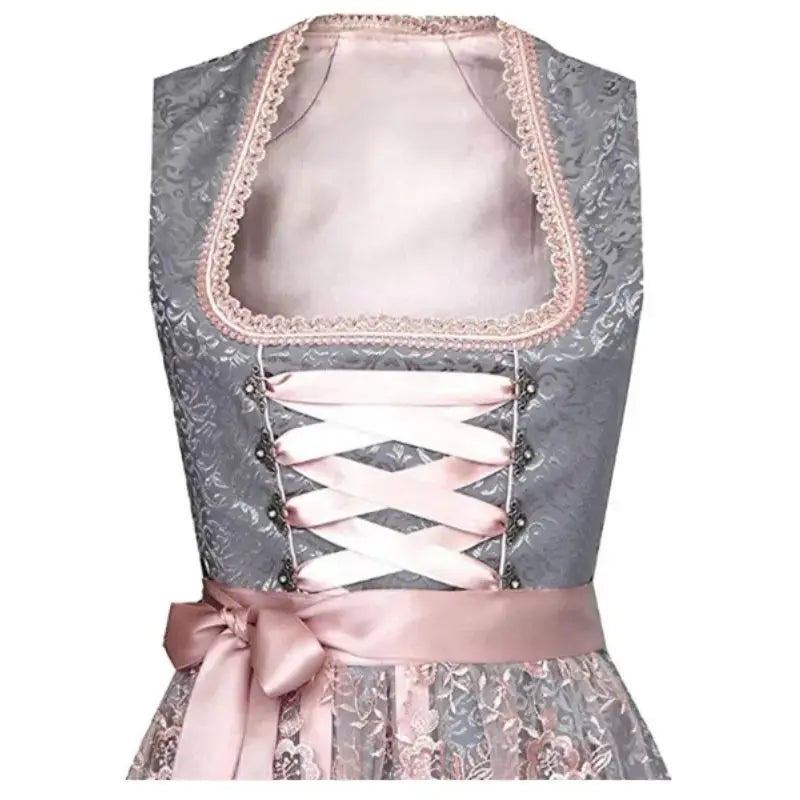 Graues Dirndl mit rosa Schnürung und Schleife, traditionelles bayerisches Kleid, Spitzenmuster, Oktoberfest Mode, Trachtenmode Damen.