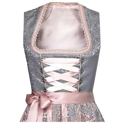 Graues Dirndl mit rosa Schnürung und Schleife, traditionelles bayerisches Kleid, Spitzenmuster, Oktoberfest Mode, Trachtenmode Damen.