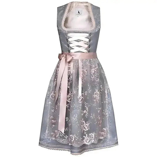 Graues Dirndl mit rosa Schleife und floraler Spitze, traditionelles bayerisches Kleid, Oktoberfest Mode, elegante Tracht für Damen.