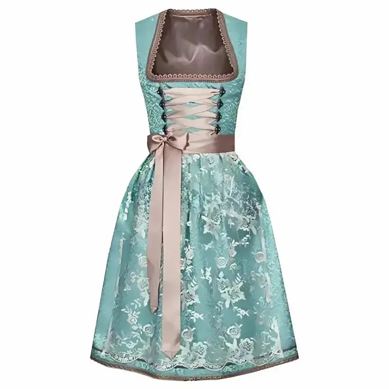 Türkises Dirndl mit braunem Mieder, Spitzenapplikationen und Schleife, traditionelles bayerisches Kleid, ideal für Oktoberfest und Trachtenfeste.