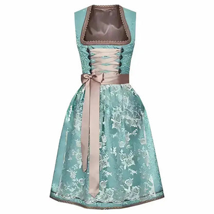 Türkises Dirndl mit braunem Mieder, Spitzenapplikationen und Schleife, traditionelles bayerisches Kleid, ideal für Oktoberfest und Trachtenfeste.