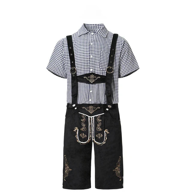 Schwarze Lederhose mit Hosenträgern und traditioneller Stickerei, kombiniert mit kariertem Hemd. Bayerische Tracht, Oktoberfest Mode.