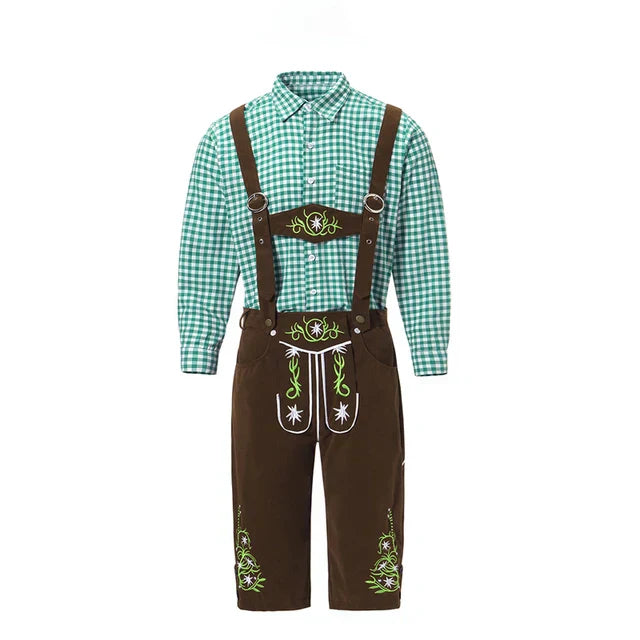 Grünes Trachtenhemd mit brauner Lederhose und Hosenträgern, verziert mit traditionellen Stickereien. Bayerische Trachtenmode für Oktoberfest.