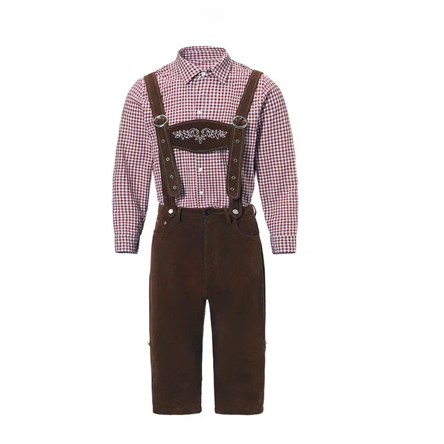 Braune Lederhose mit traditionellem Stickmuster, kombiniert mit kariertem Hemd. Perfektes Oktoberfest-Outfit für Herren, bayerische Tracht.