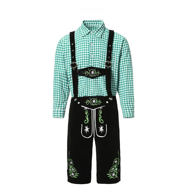 Grüne Trachtenhemd mit schwarzer Lederhose, verziert mit traditionellem Stickmuster. Perfekt für Oktoberfest und bayerische Feste.