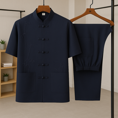 Men's Summer Traditional Set – Embroidered Top with Knot Closure and Straight Pants