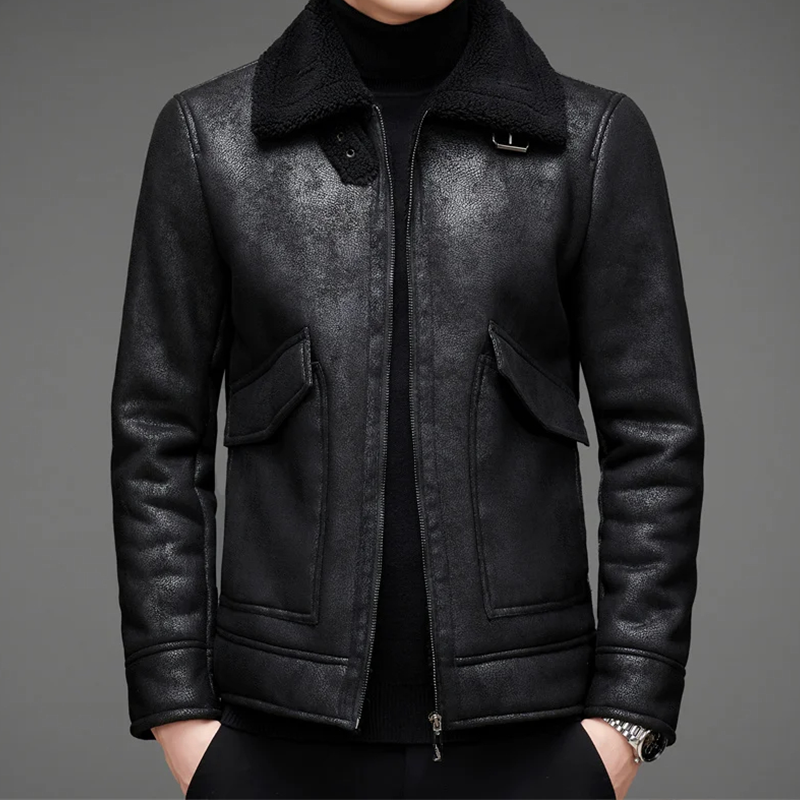 Men's Winter Jacket with Fur Collar and Front Pockets