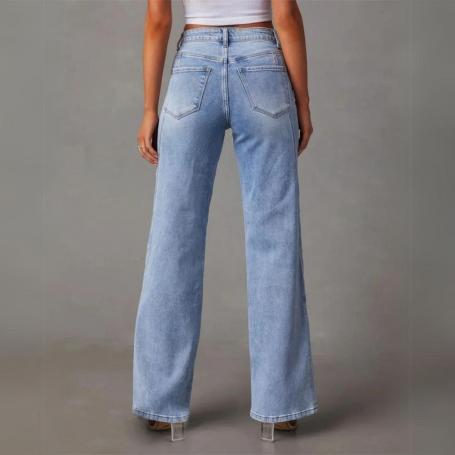 Damen High-Waist Wide-Leg Jeans Mit Seitentaschen Und Reißverschluss