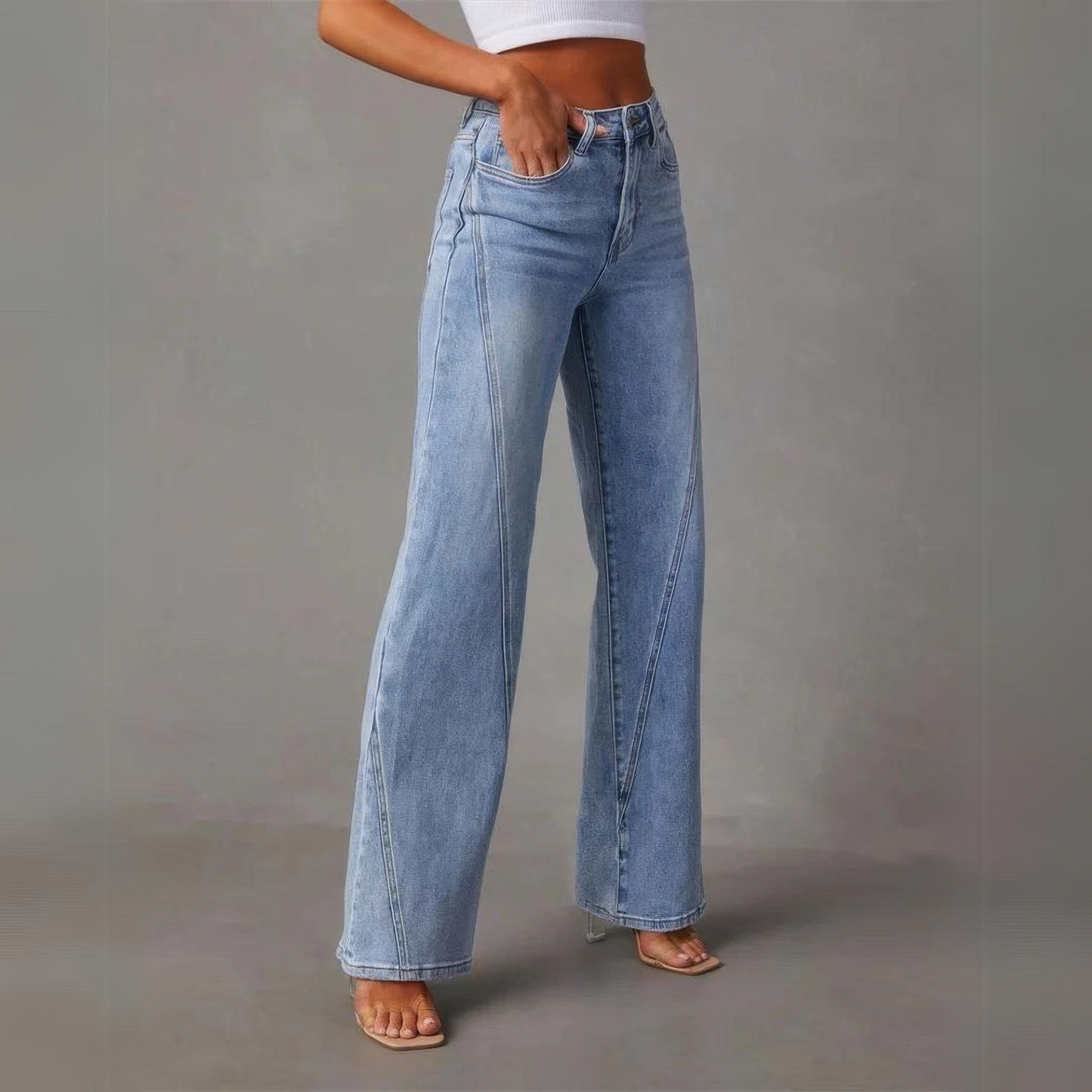 Damen High-Waist Wide-Leg Jeans Mit Seitentaschen Und Reißverschluss
