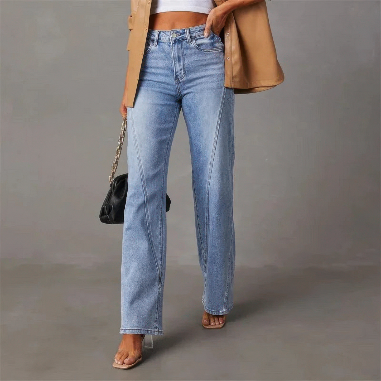 Damen High-Waist Wide-Leg Jeans Mit Seitentaschen Und Reißverschluss