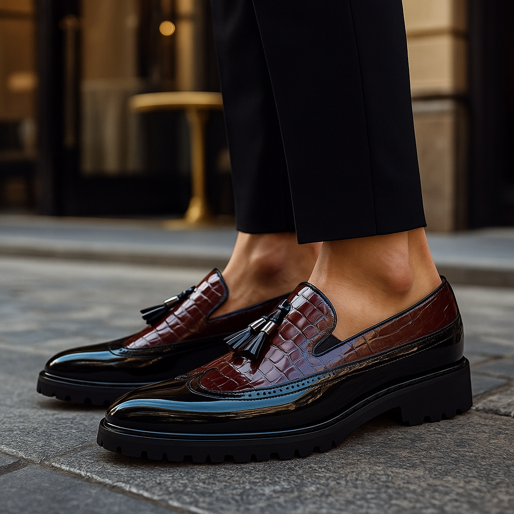 Men's Slip-On Shoes with Crocodile Pattern, Tassels, and Hand-Stitched Craftsmanship