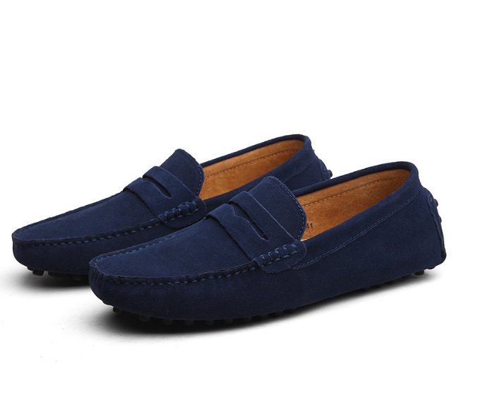 Dunkelblaue Herren-Mokassins aus Wildleder, rutschfeste Sohle, elegantes Design, ideal für Freizeit und Business, bequeme Passform.