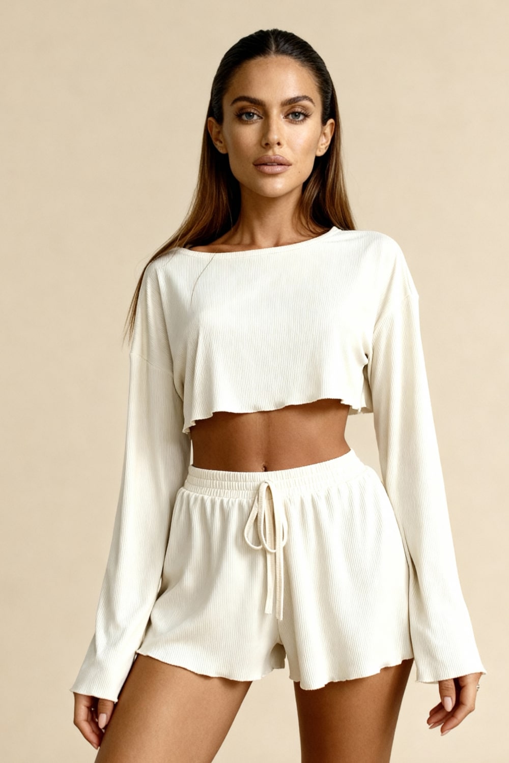 Women's pajama set with long-sleeve ribbed crop top and drawstring shorts