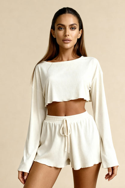 Women's pajama set with long-sleeve ribbed crop top and drawstring shorts
