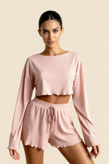 Women's pajama set with long-sleeve ribbed crop top and drawstring shorts