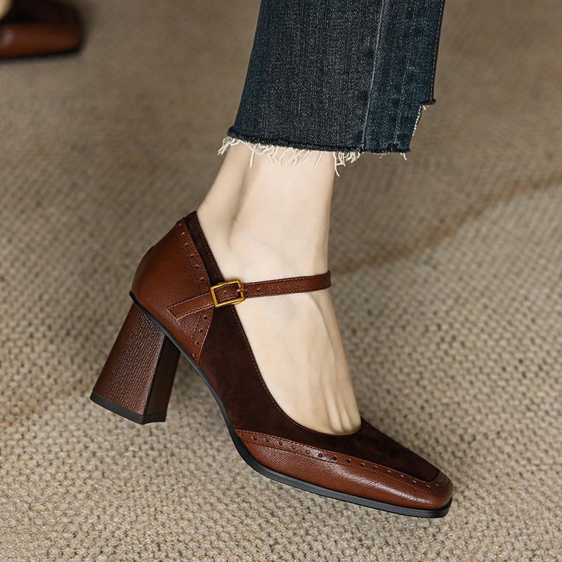 Women's Mary Jane Pumps with Flared Block Heel and Golden Buckle