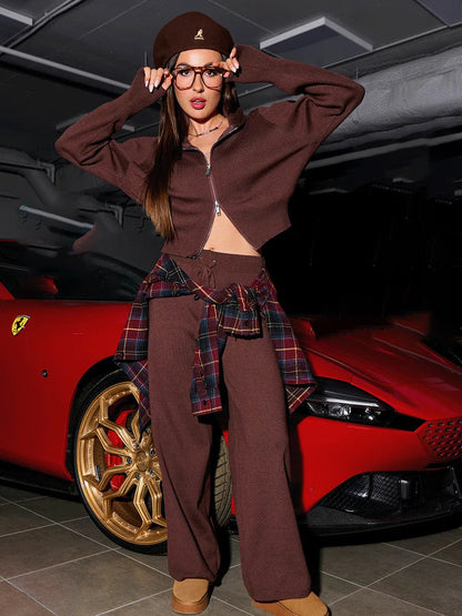 Damen Strick Loungewear Set Mit Reissverschluss Cardigan