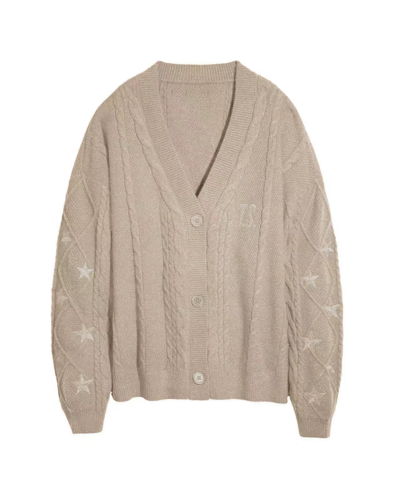 Damen Grobstrick Cardigan Mit Zopfmuster Und Sternstickerei