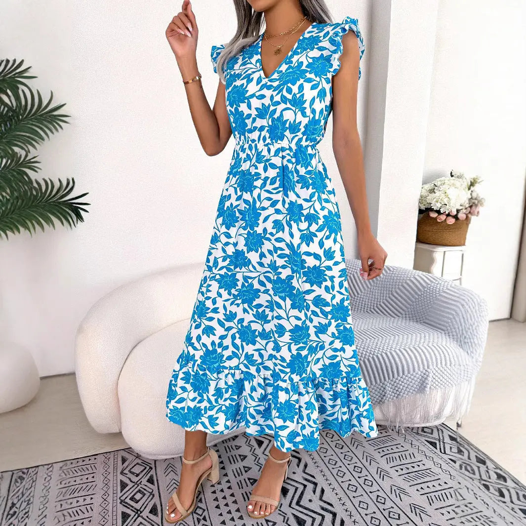 Damen Sommer Midikleid mit Blumenmuster – V Ausschnitt Flatterärmel A Linie