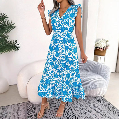 Damen Sommer Midikleid mit Blumenmuster – V Ausschnitt Flatterärmel A Linie