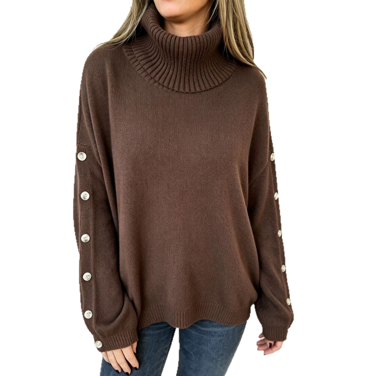 Seitliche Ansicht des langärmligen Rollkragenpullovers für Damen