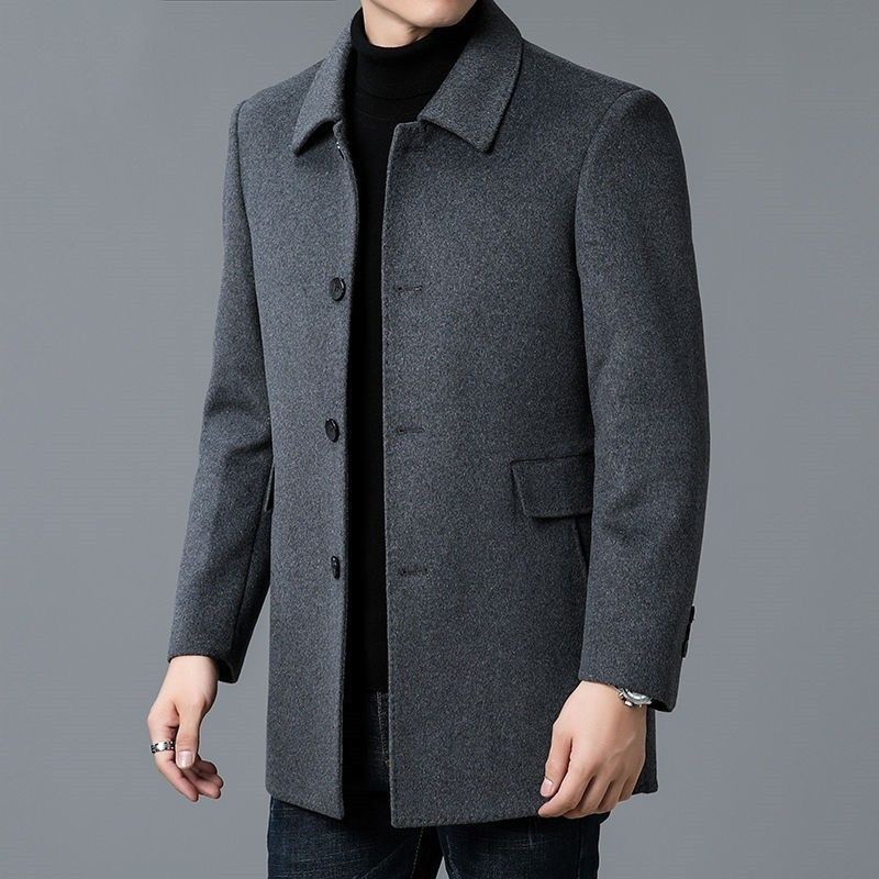 Men's coat of medium length with lapel collar, double-sided design, and straight hem