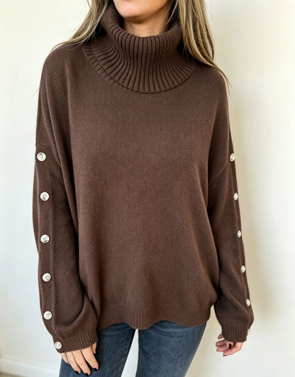 Damen Oversized Rollkragenpullover Mit Zierknöpfen