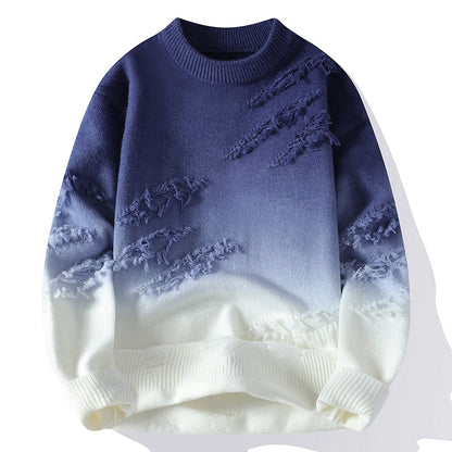 Blauer und weißer Ombré-Pullover mit Fransen, Rundhalsausschnitt und langen Ärmeln. Modischer Strickpullover für Herren, ideal für Herbst und Winter.