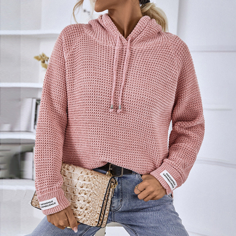 Frau in rosa Strickpullover mit Kapuze, hält beige Handtasche, trägt blaue Jeans. Modetrend, lässiger Stil, Herbstmode, Damenbekleidung.