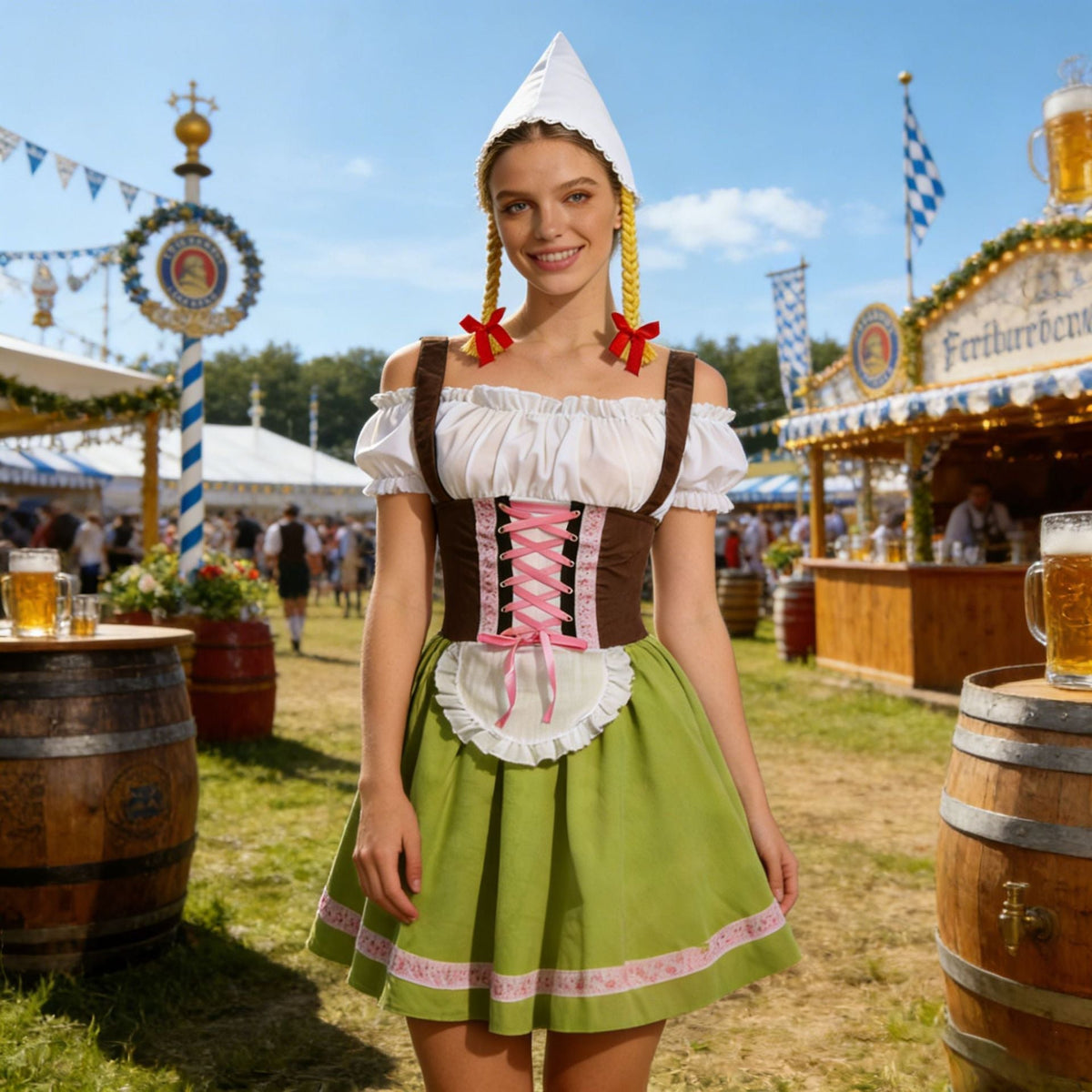 Frontansicht des Damen-Dirndls mit Mieder, Schürze und traditionellem Schnitt